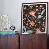 Midnight Call - 19th c Flora & Fauna Fabric Art Print, Framed Floral Artwork Pink Blooms Turquoise Birds Dark