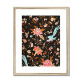 Midnight Call - 19th c Flora & Fauna Fabric Art Print, Framed Floral Artwork Pink Blooms Turquoise Birds Delicate