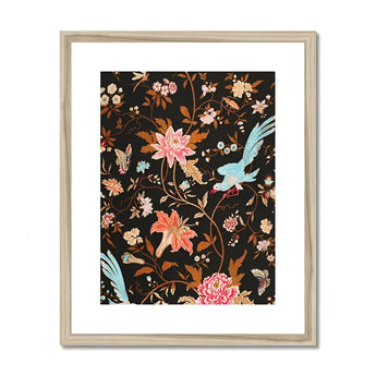 Midnight Call - 19th c Flora & Fauna Fabric Art Print, Framed Floral Artwork Pink Blooms Turquoise Birds Delicate