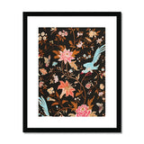 Midnight Call - 19th c Flora & Fauna Fabric Art Print, Framed Floral Artwork Pink Blooms Turquoise Birds Orange