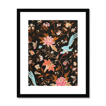 Midnight Call - 19th c Flora & Fauna Fabric Art Print, Framed Floral Artwork Pink Blooms Turquoise Birds Orange