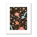 Midnight Call - 19th c Flora & Fauna Fabric Art Print, Framed Floral Bird Pattern Artwork Pink Blooms Turquoise