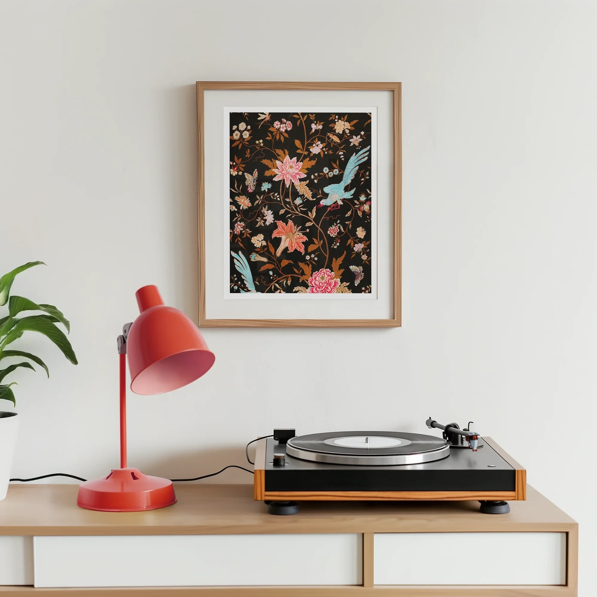 Midnight Call - 19th c Flora & Fauna Fabric Art Print, Record Player Wooden Cabinet Red Desk Lamp Floral