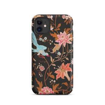 Midnight Call - Flora & Fauna Fabric Iphone Case, 11 / Matte, Black Floral Phone Case Bird Design Durable Plastic