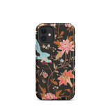 Midnight Call - Flora & Fauna Fabric Iphone Case, 12 Mini / Matte, Iphone Case Floral Hummingbird Design Black Background