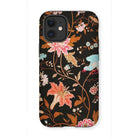 Midnight Call - Flora & Fauna Fabric Iphone Case, 12 Mini / Matte, Floral Patterned Phone Case Iphone Dark Background