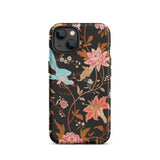 Midnight Call - Flora & Fauna Fabric Iphone Case, 13 / Matte, Black Floral Phone Case Birds Flowers Design Made