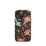 Midnight Call - Flora & Fauna Fabric Iphone Case, 13 Mini / Matte, Black Floral Phone Case Hummingbird Design Durable Plastic