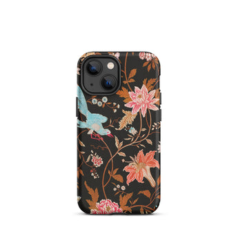 Midnight Call - Flora & Fauna Fabric Iphone Case, 13 Mini / Matte, Black Floral Phone Case Hummingbird Design Durable Plastic