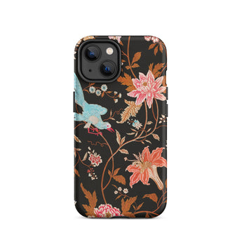 Midnight Call - Flora & Fauna Fabric Iphone Case, 14 / Matte, Black Floral Phone Case Bird Design Matte Finish