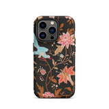 Midnight Call - Flora & Fauna Fabric Iphone Case, 14 Plus / Matte, Black Floral Phone Case Colorful Flowers Leaves Made