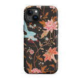 Midnight Call - Flora & Fauna Fabric Iphone Case, 15 Plus / Matte, Iphone 12 Case Floral Bird Design Black Background