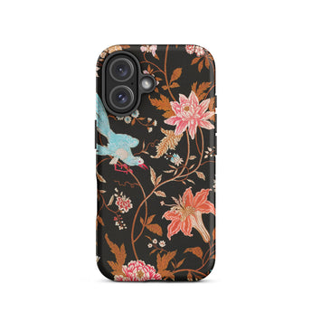 Midnight Call - Flora & Fauna Fabric Iphone Case, 16 / Matte, Black Floral Phone Case Pink Orange Flowers Blue