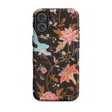 Midnight Call - Flora & Fauna Fabric Iphone Case, 16 Plus / Matte, Iphone 12 Case Floral Bird Design Black Background