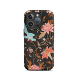 Midnight Call - Flora & Fauna Fabric Iphone Case, 16 Pro / Matte, Black Floral Phone Case Birds Flowers Design Durable