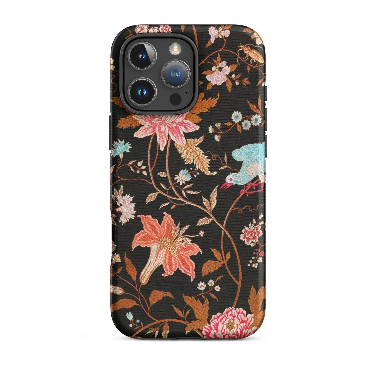 Black floral patterned textile iPhone case with birds and flowers