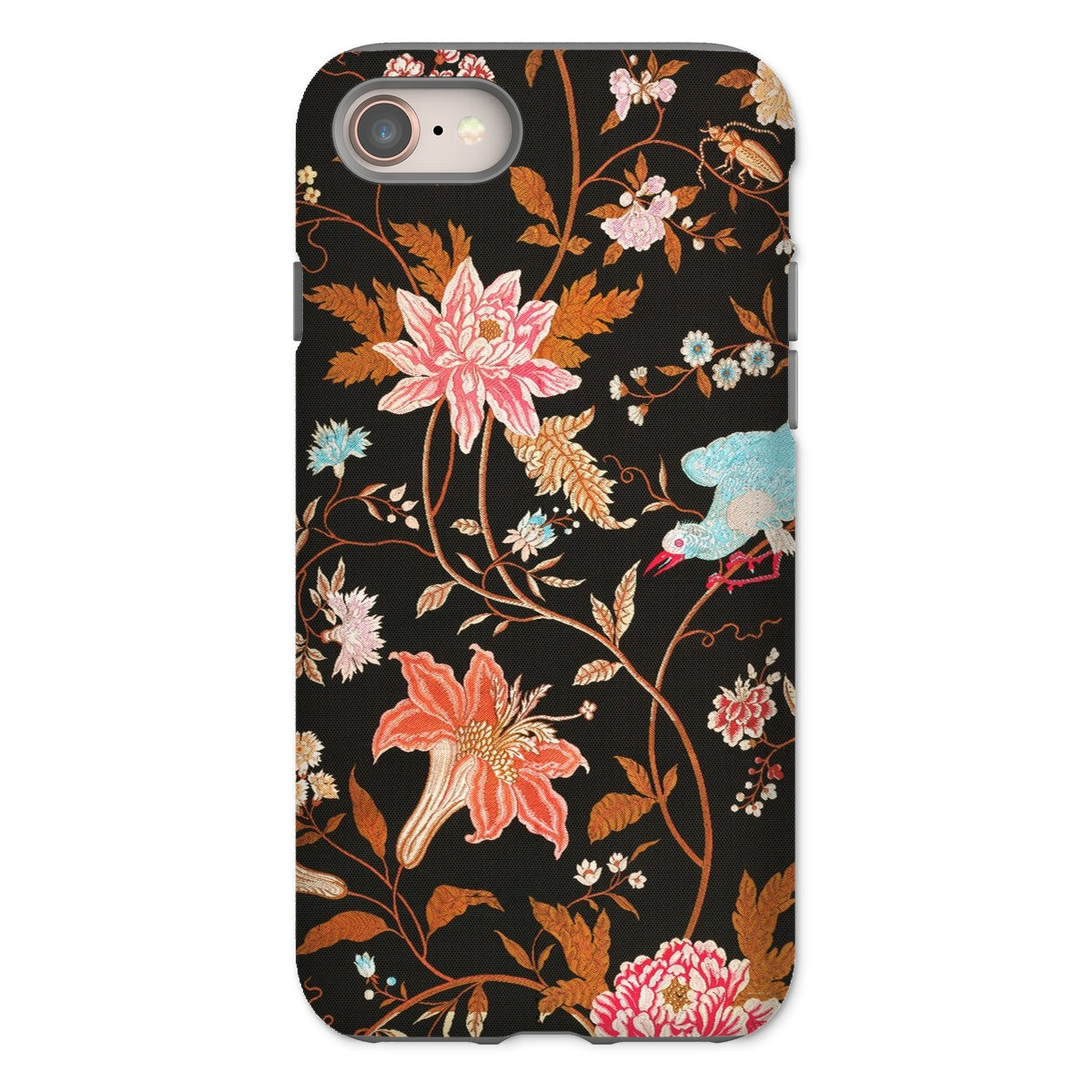 Midnight Call Flora & Fauna Fabric Iphone Case, 8 / Matte, Floral Patterned Phone Case Colorful Flowers Birds Dark Background