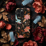 Midnight Call - Flora & Fauna Fabric Phone Case Black Phone Case Adorned Delicate Floral Bird Pattern Nocturnal Revelry, 19th-century