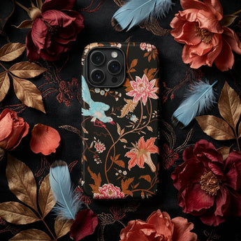 Midnight Call - Flora & Fauna Fabric Phone Case Black Phone Case Adorned Delicate Floral Bird Pattern Nocturnal Revelry, 19th-century
