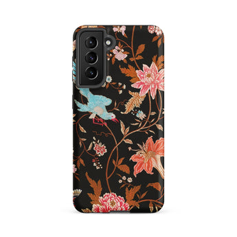 Midnight Call - Flora & Fauna Fabric Phone Case Samsung Galaxy S21 Fe / Matte Black Phone Case Adorned Vibrant Floral Bird Pattern