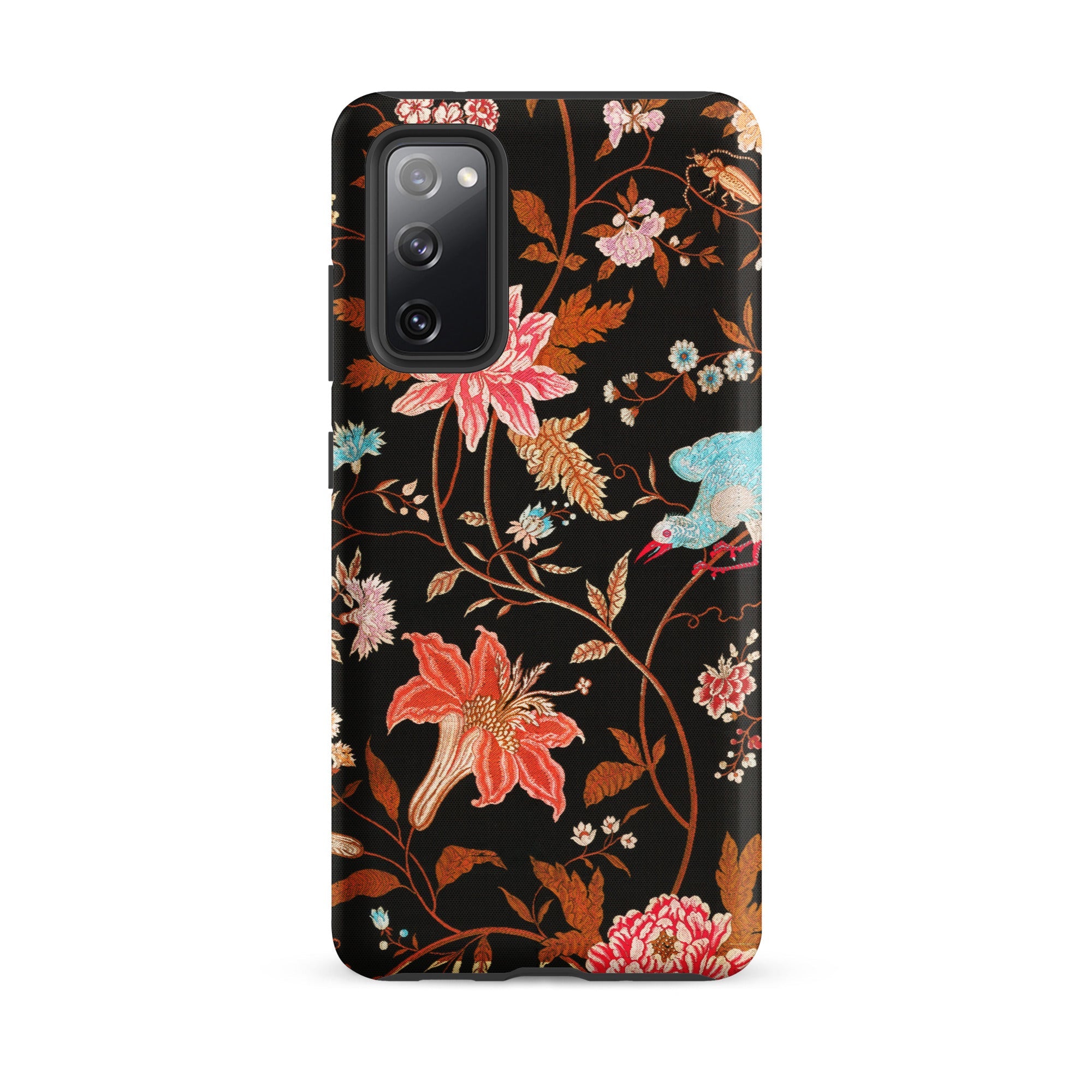 Midnight Call Flora & Fauna Fabric Samsung Case, Galaxy S20 Fe / Matte, Black Phone Case Vibrant Floral Bird Pattern