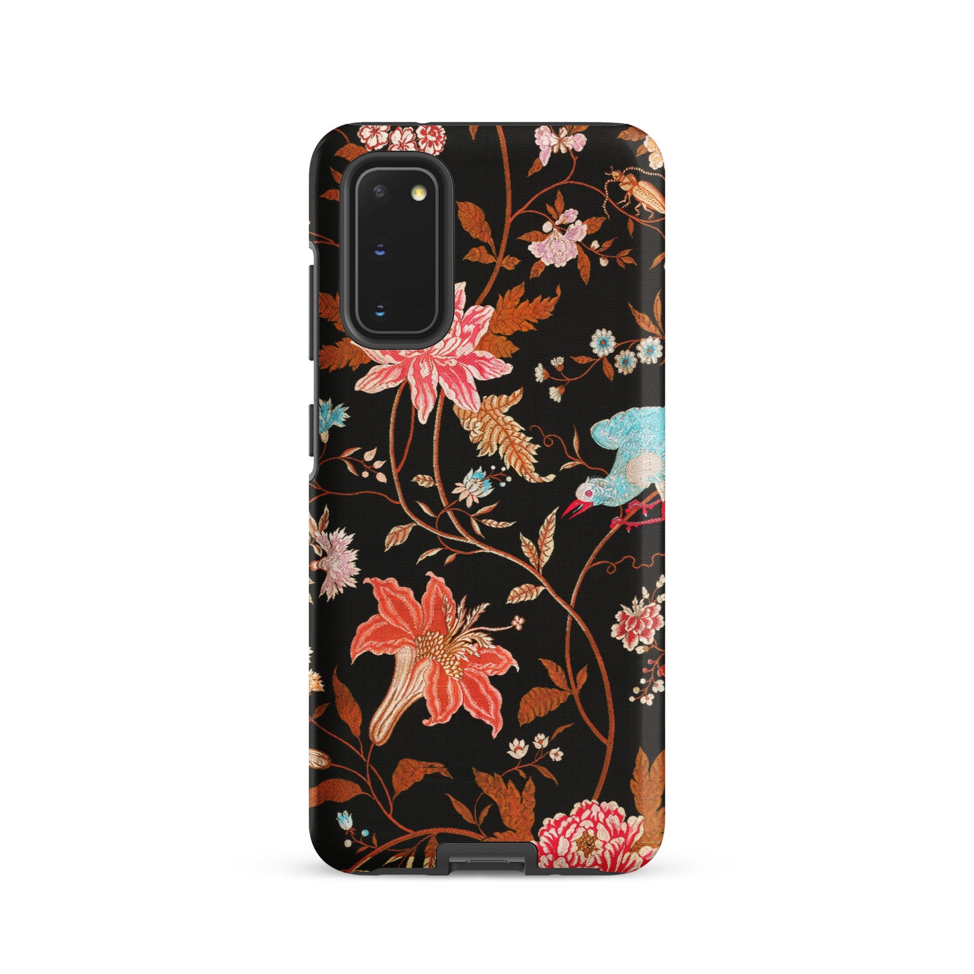 Midnight Call Flora & Fauna Fabric Samsung Case, Galaxy S20 / Matte, Black Phone Case Intricate Floral Bird Pattern