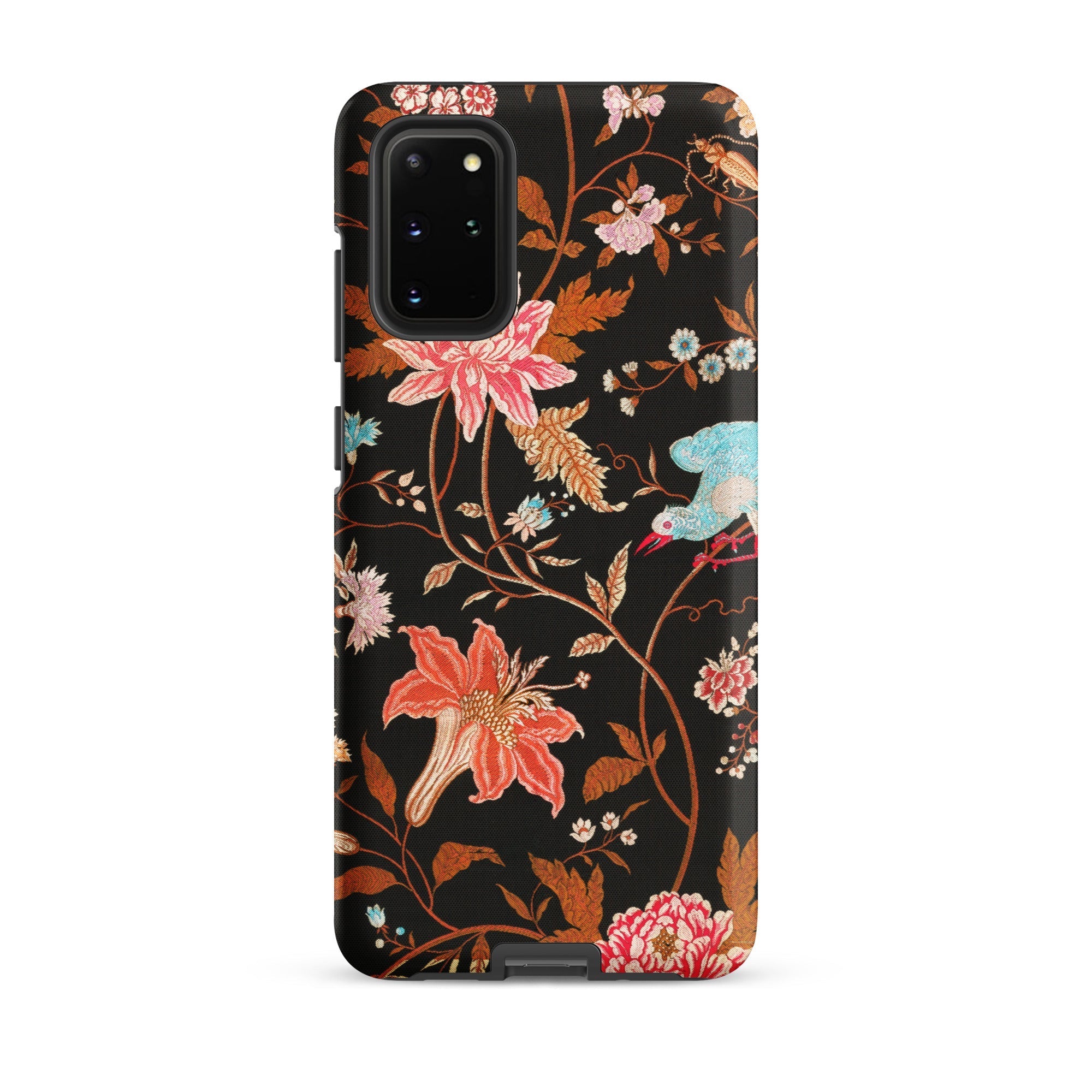 Midnight Call Flora & Fauna Fabric Samsung Case, Galaxy S20 Plus / Matte, Black Phone Case Vibrant Floral Bird Pattern