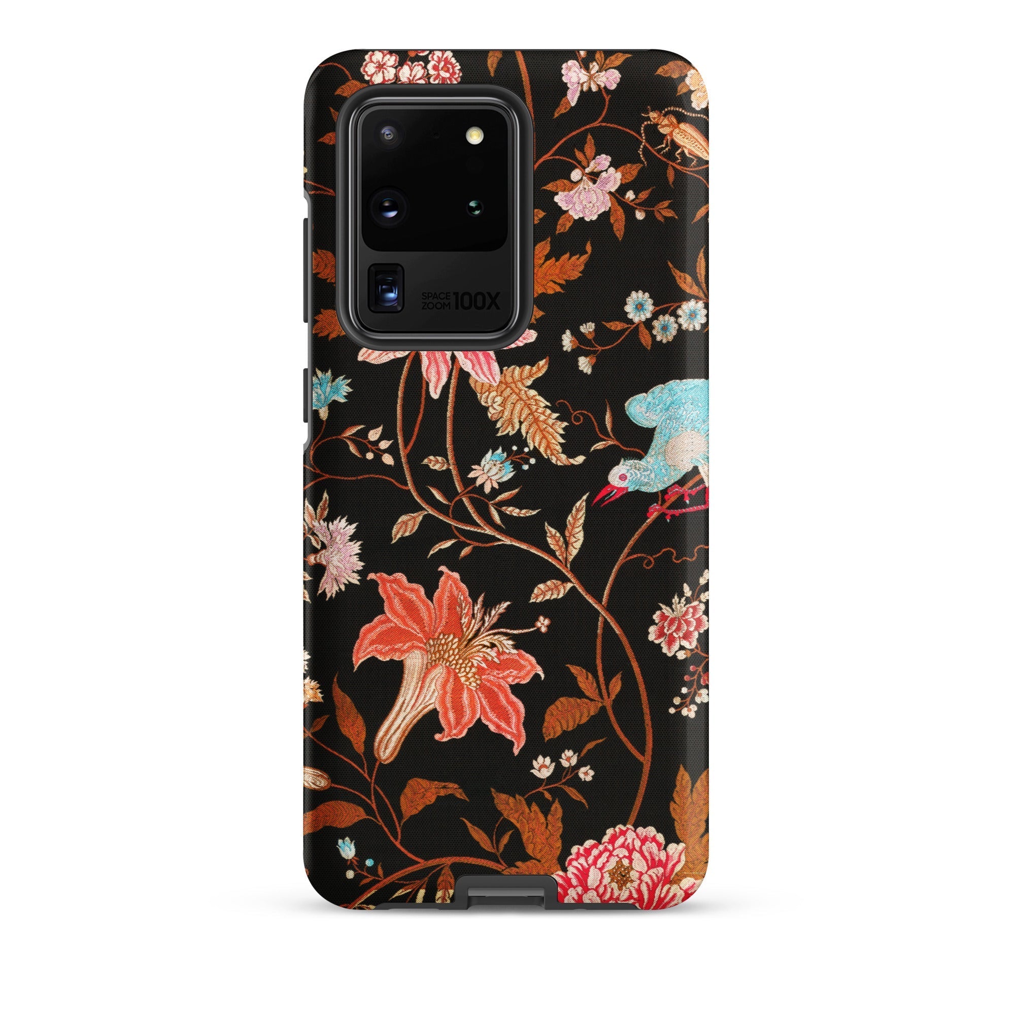 Midnight Call Flora & Fauna Fabric Samsung Case, Galaxy S20 Ultra / Matte, Black Phone Case Vibrant Floral Bird Pattern