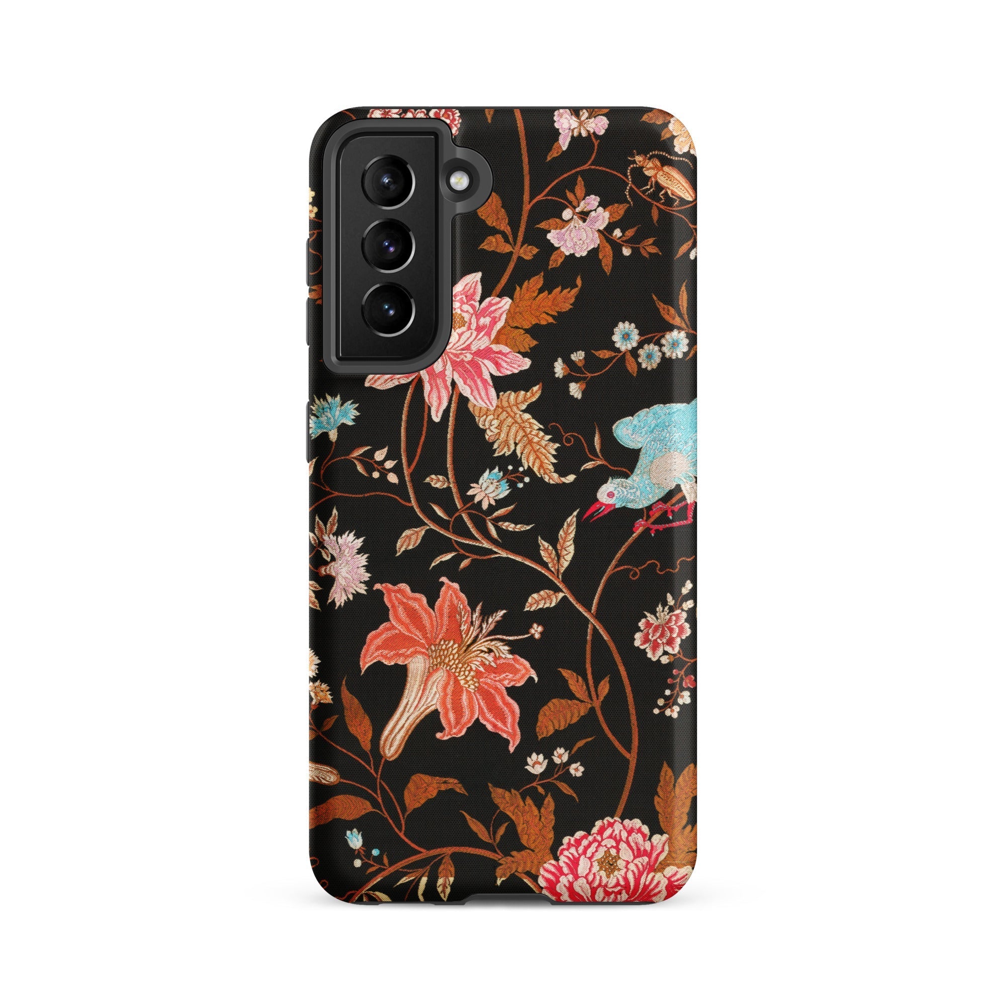 Midnight Call Flora & Fauna Fabric Samsung Case, Galaxy S21 Fe / Matte, Black Smartphone Case Floral Bird Pattern