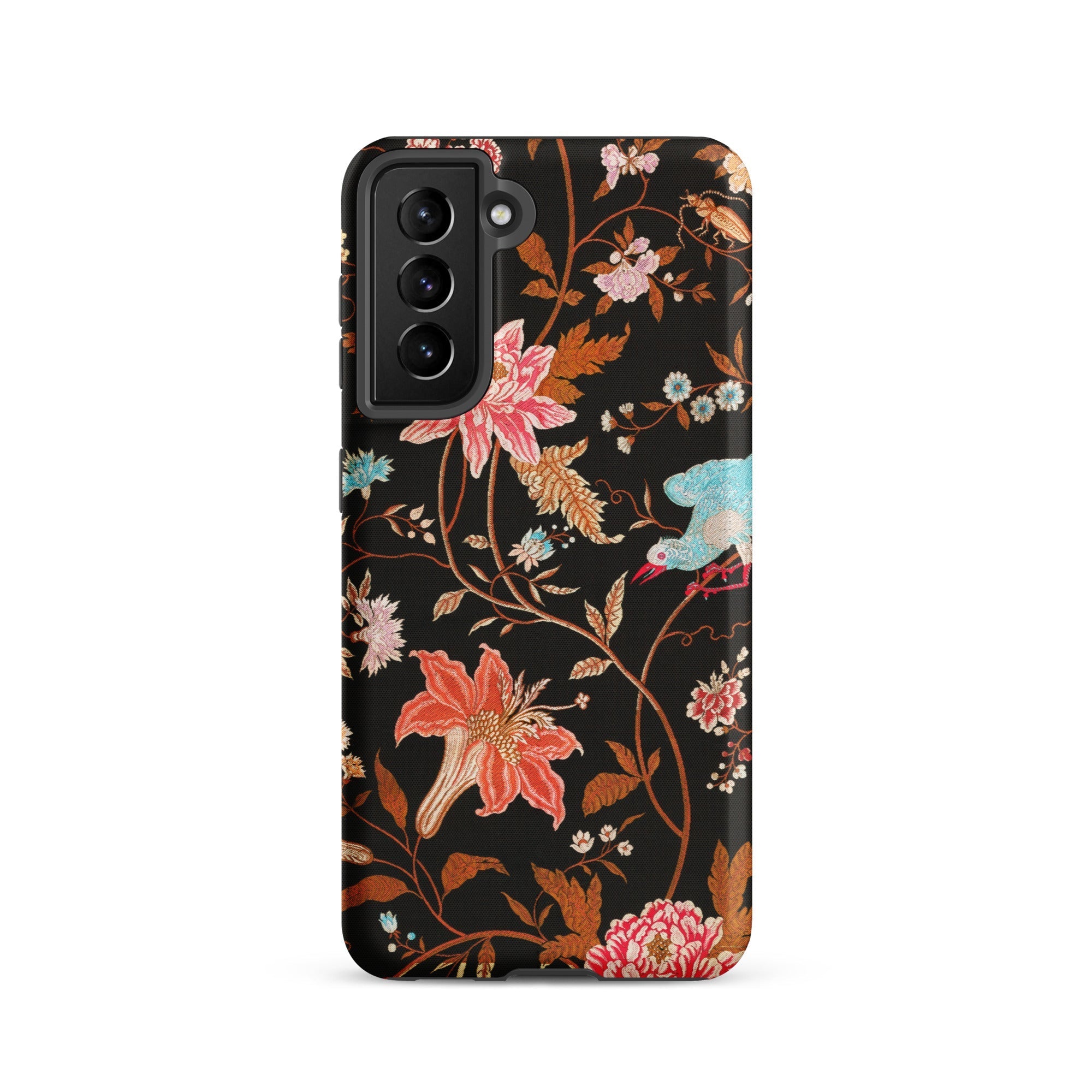Midnight Call Flora & Fauna Fabric Samsung Case, Galaxy S21 / Matte, Black Smartphone Case Colorful Floral Bird Pattern