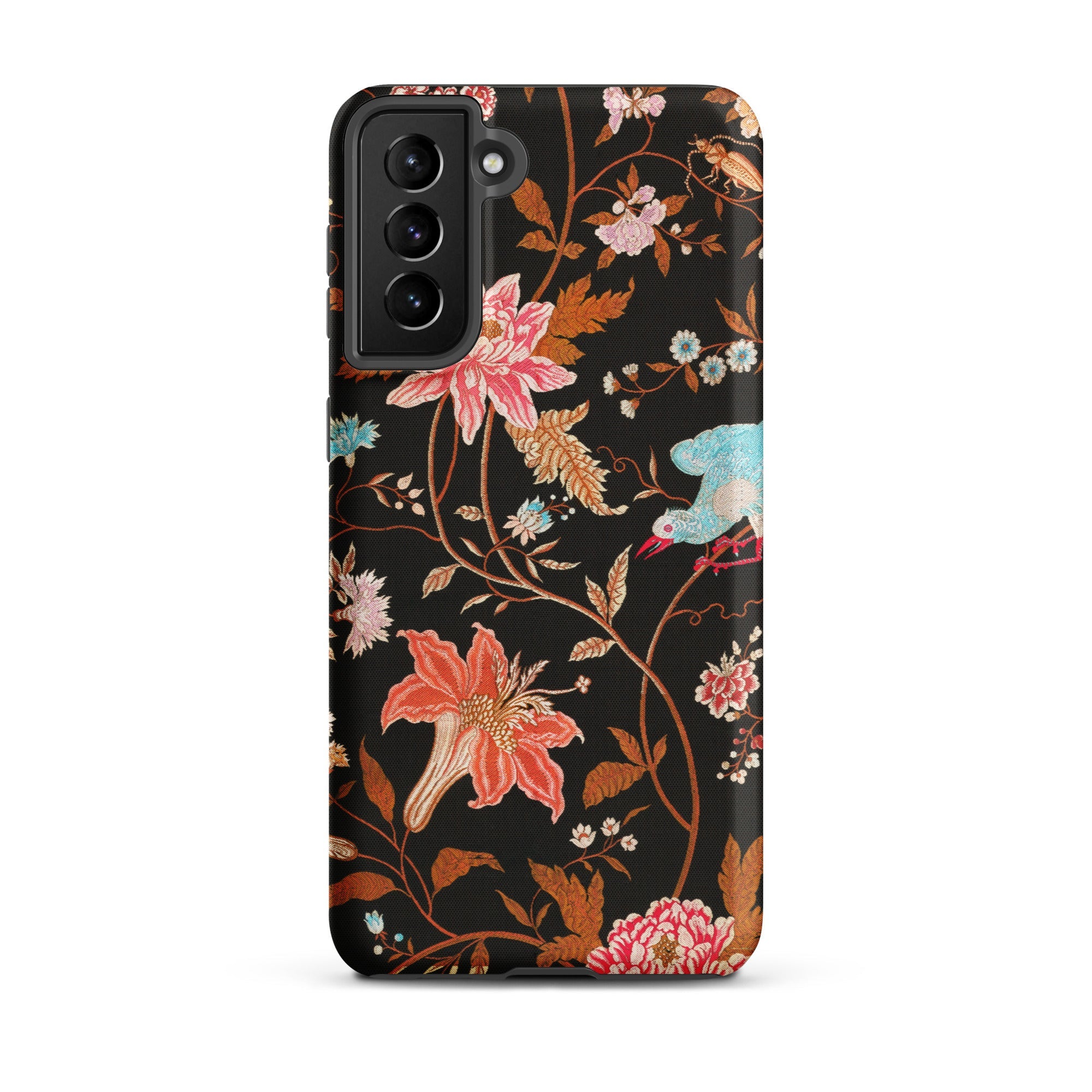 Midnight Call Flora & Fauna Fabric Samsung Case, Galaxy S21 Plus / Matte, Black Smartphone Case Vibrant Floral Bird Pattern