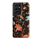 Midnight Call Flora & Fauna Fabric Samsung Case, Galaxy S21 Ultra / Matte, Smartphone Case Black Background Vibrant Floral Bird Pattern