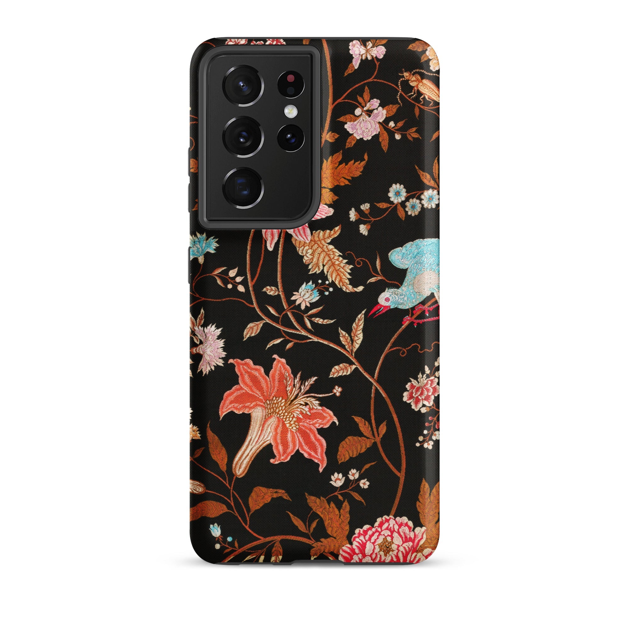 Midnight Call Flora & Fauna Fabric Samsung Case, Galaxy S21 Ultra / Matte, Smartphone Case Black Background Vibrant Floral Bird Pattern