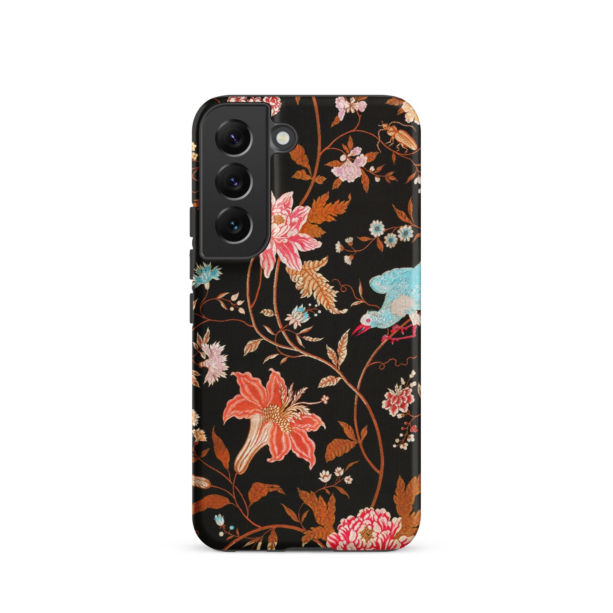 Midnight Call Flora & Fauna Fabric Samsung Case, Galaxy S22 / Matte, Black Smartphone Case Vibrant Floral Bird Pattern