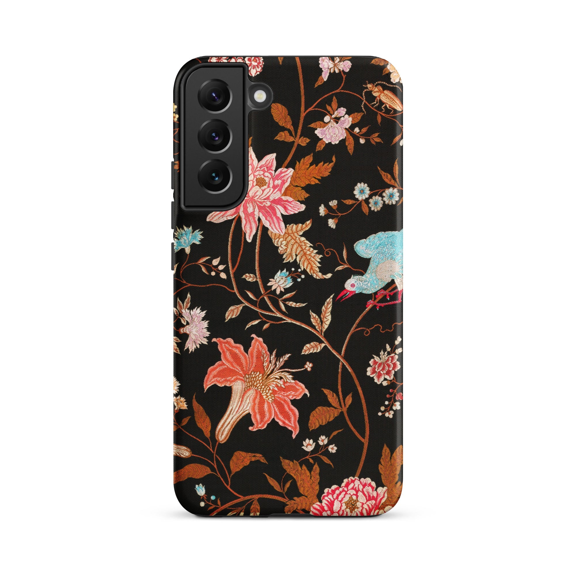 Midnight Call Flora & Fauna Fabric Samsung Case, Galaxy S22 Plus / Matte, Black Smartphone Case Vibrant Floral Bird Pattern