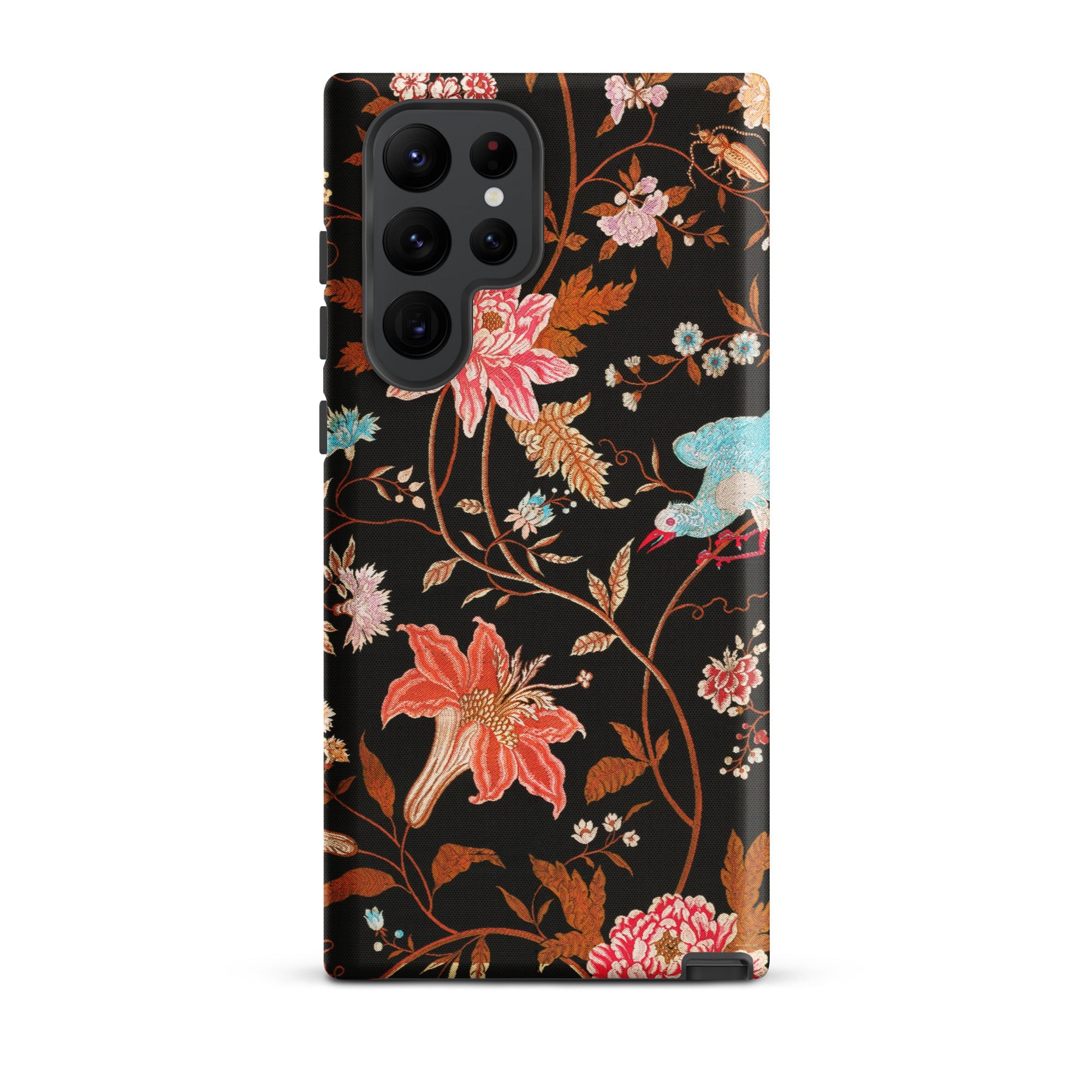 Midnight Call Flora & Fauna Fabric Samsung Case, Galaxy S22 Ultra / Matte, Smartphone Case Black Background Vibrant Floral Bird Pattern