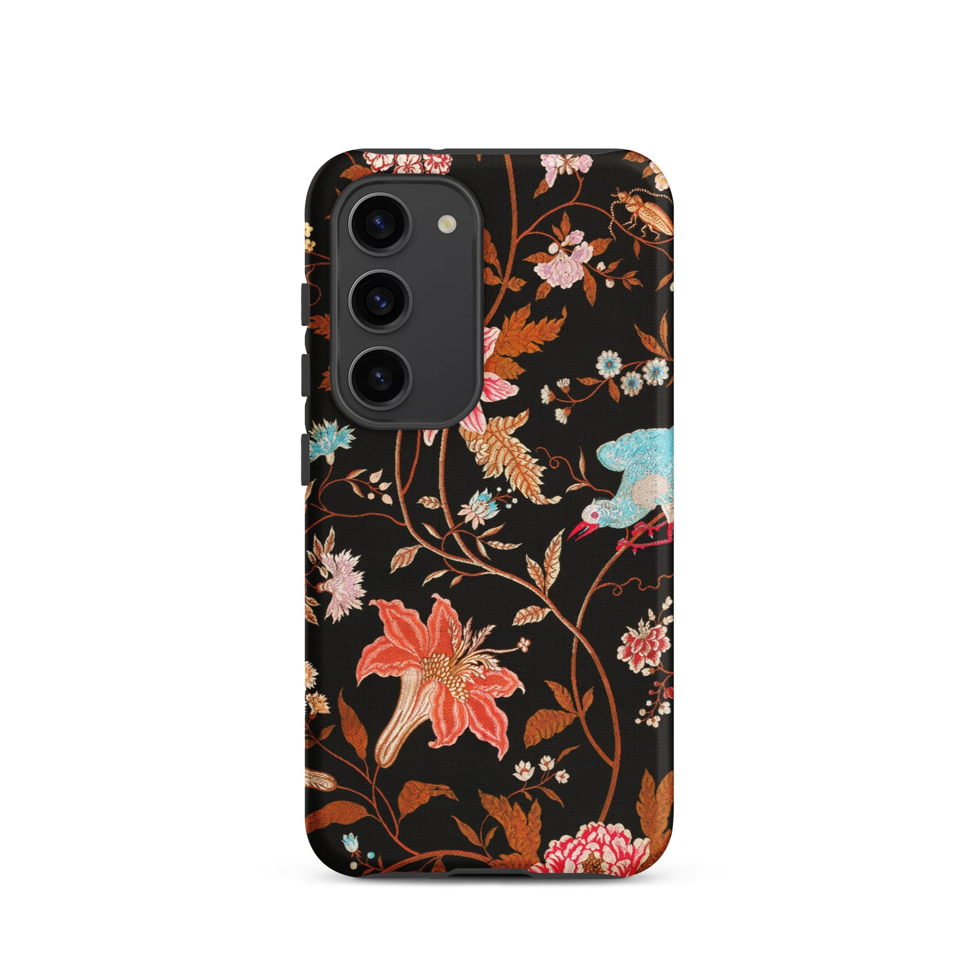 Midnight Call Flora & Fauna Fabric Samsung Case, Galaxy S23 / Matte, Black Phone Case Floral Bird Pattern