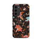 Midnight Call Flora & Fauna Fabric Samsung Case, Galaxy S23 Plus / Matte, Black Smartphone Case Colorful Floral Bird Pattern