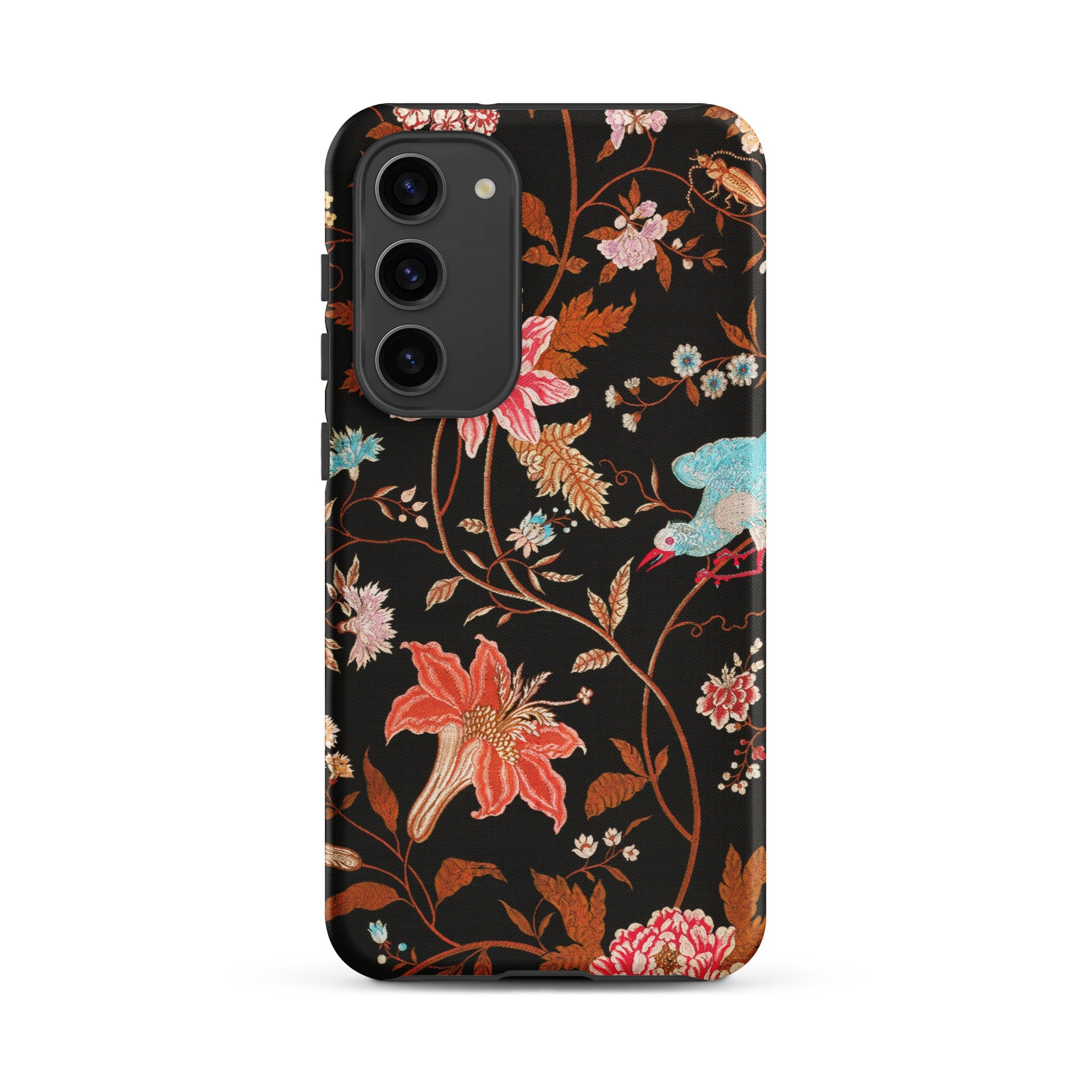 Midnight Call Flora & Fauna Fabric Samsung Case, Galaxy S23 Plus / Matte, Black Smartphone Case Colorful Floral Bird Pattern