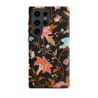Midnight Call Flora & Fauna Fabric Samsung Case, Galaxy S23 Ultra / Matte, Black Smartphone Case Colorful Floral Bird Pattern