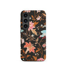 Midnight Call Flora & Fauna Fabric Samsung Case, Galaxy S24 / Matte, Black Phone Case Colorful Floral Bird Pattern