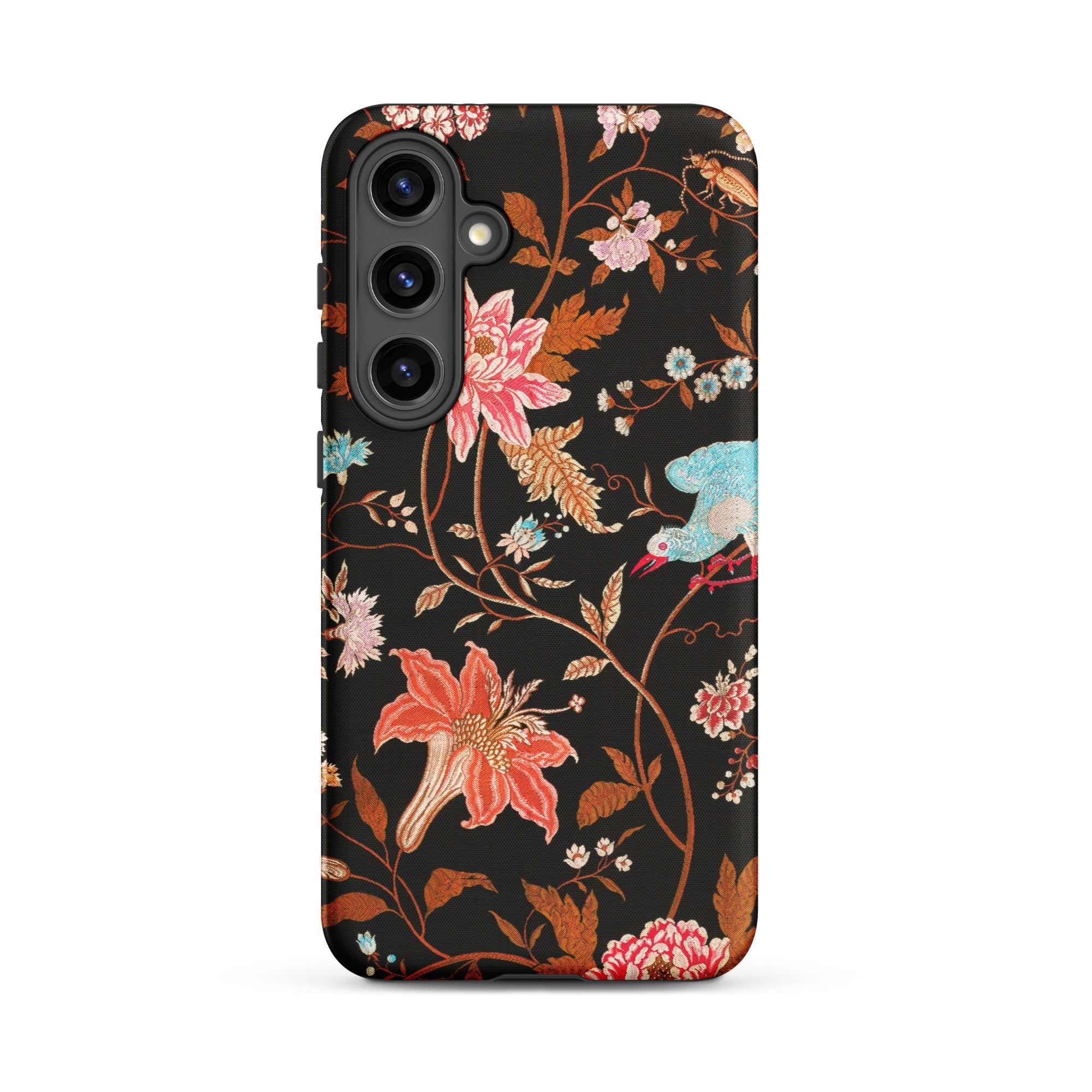 Midnight Call Flora & Fauna Fabric Samsung Case, Galaxy S24 Plus / Matte, Black Smartphone Case Vibrant Floral Bird Pattern
