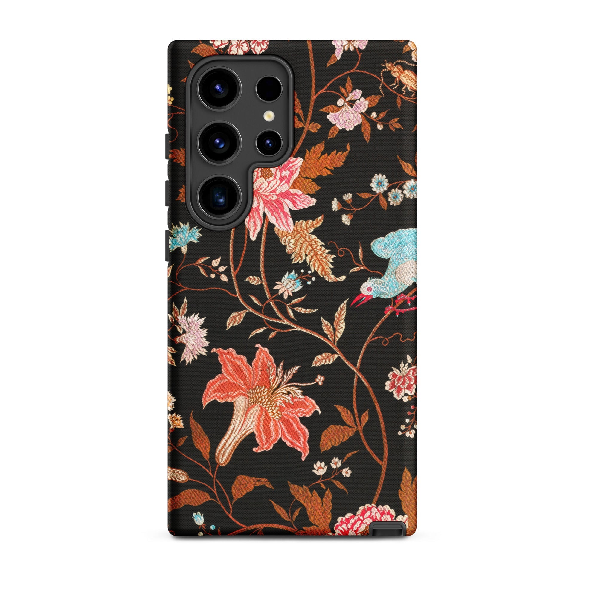 Midnight Call Flora & Fauna Fabric Samsung Case, Galaxy S24 Ultra / Matte, Black Smartphone Case Vibrant Floral Bird Pattern