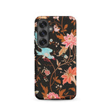 Midnight Call - Flora & Fauna Fabric Samsung Case, Galaxy S25 / Matte, Black Floral Phone Case Bird Design Matte Finish
