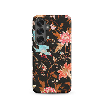 Midnight Call - Flora & Fauna Fabric Samsung Case, Galaxy S25 / Matte, Black Floral Phone Case Bird Design Matte Finish