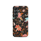 Midnight Call Flora & Fauna Fabric Samsung Case, Galaxy S25 / Matte, Black Smartphone Case Vibrant Floral Bird Pattern