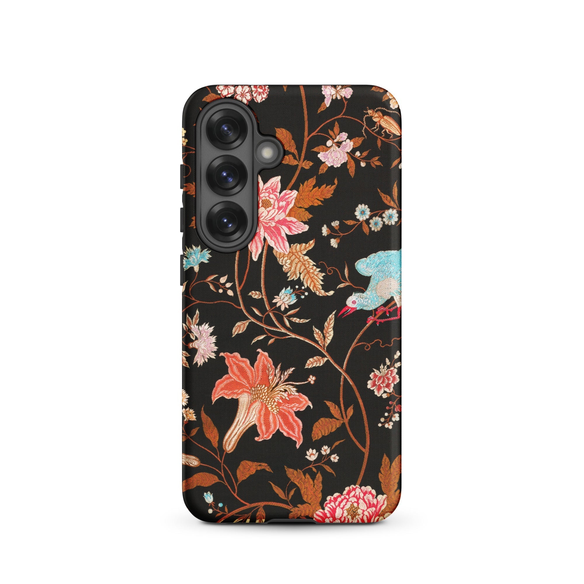 Midnight Call Flora & Fauna Fabric Samsung Case, Galaxy S25 / Matte, Black Smartphone Case Vibrant Floral Bird Pattern