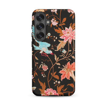 Midnight Call - Flora & Fauna Fabric Samsung Case, Galaxy S25 Plus / Matte, Black Floral Phone Case Bird Design Matte Finish