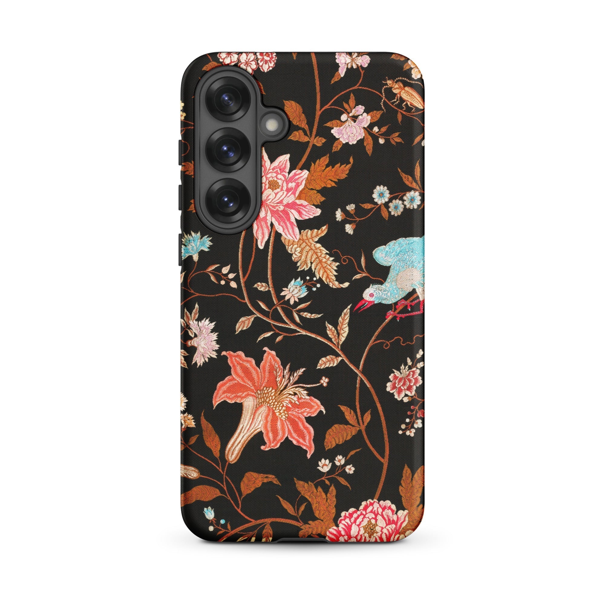 Midnight Call Flora & Fauna Fabric Samsung Case, Galaxy S25 Plus / Matte, Black Phone Case Vibrant Floral Bird Pattern
