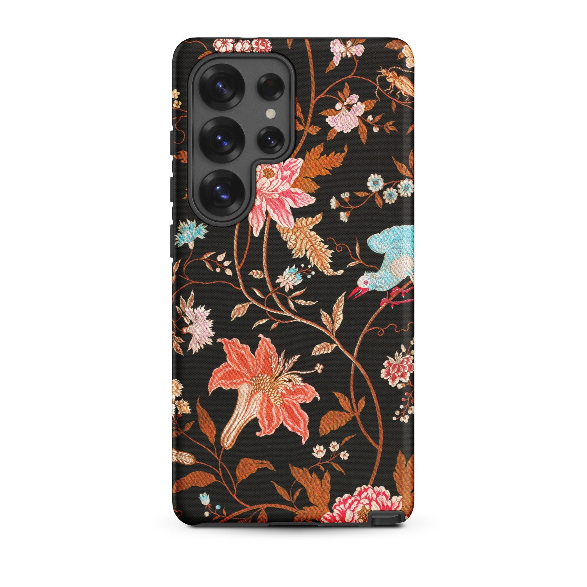 Midnight Call Flora & Fauna Fabric Samsung Case, Galaxy S25 Ultra / Matte, Black Smartphone Case Colorful Floral Bird Pattern